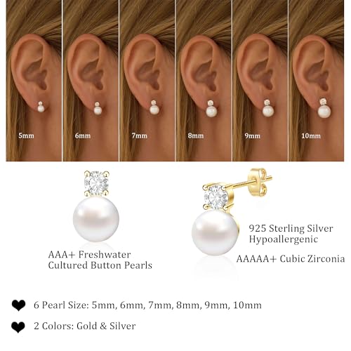 WFYOU Pearl Earrings for Women 925 Sterling Silver Stud Earring | 14K Gold Plated Hypoallergenic Stud Earrings, White Diamond Dainty Bridal Earring, Trendy Jewelry, Wedding Party Gifts - color: Gold B, size: 7mm