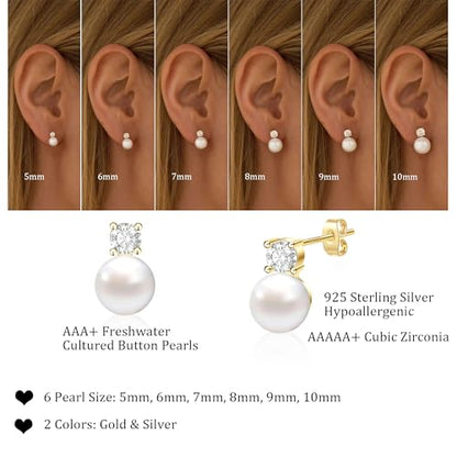 WFYOU Pearl Earrings for Women 925 Sterling Silver Stud Earring | 14K Gold Plated Hypoallergenic Stud Earrings, White Diamond Dainty Bridal Earring, Trendy Jewelry, Wedding Party Gifts - color: Gold B, size: 7mm