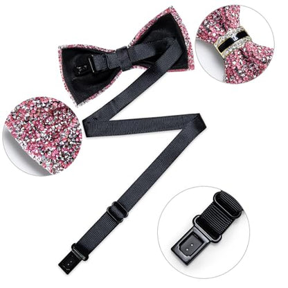 DiBanGu Mens Rhinestone Bow Tie with Ring and Lapel Pin Set | Adjustable Strap,Pre-tied Style,3PCS,Sequin Diamond Bowties，Solid/Mix Color,Shiny Accessory,for Party Prom Banquet Wedding - color: Pink
