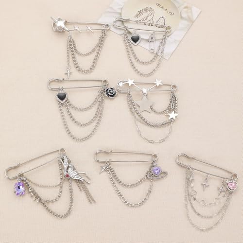 2 Pcs Chain Tassel Brooch Pins Set for Women Rhinestone Heart Flower Star Long Chain Bling Crystal Pearl Sweater Shawl Clips Punk Collar Chain Brooch Costume Jewelry - style: Style A