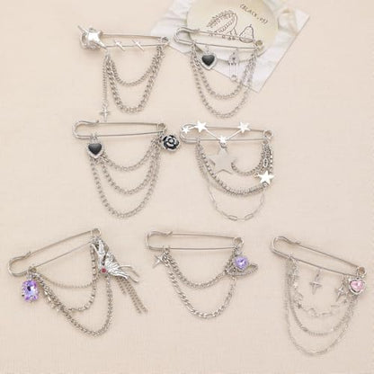 2 Pcs Chain Tassel Brooch Pins Set for Women Rhinestone Heart Flower Star Long Chain Bling Crystal Pearl Sweater Shawl Clips Punk Collar Chain Brooch Costume Jewelry - style: Style A