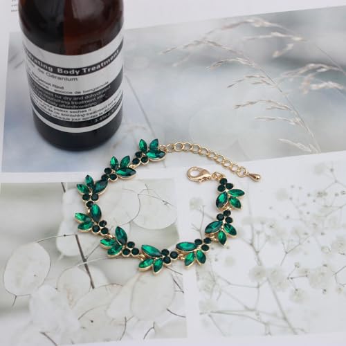 Bridal Wedding Crystal Leaf Choker Necklace Dangle Earring Bracelet Brides Bridesmaid Jewelry Set for Women - color: Emerald-Gold Plated