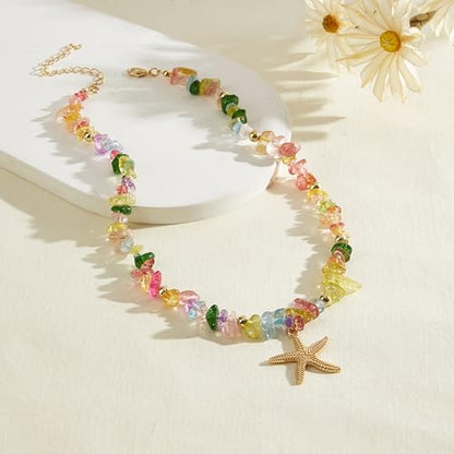 Gold Starfish Necklace Natural Stone Beaded Necklaces for Women Boho Handmade Irregular Stone Bead Necklace Summer Beach Ocean Jewelry Gift - color: Colorful