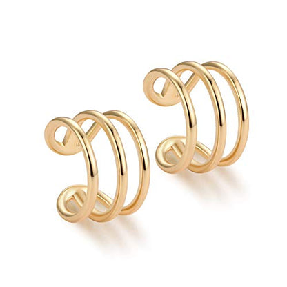 Women Ear Cuff Earring Gold Non Pierced Ear Cartilage Clip on Wrap Hoop 14K Gold Filled Tiny Boho Beach Simple Minimalist Delicate Handmade Hypoallergenic Jewelry Gift-Sold as Single/Pair - style: 3 Hoops /Pair