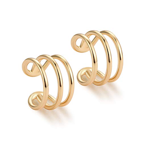 Women Ear Cuff Earring Gold Non Pierced Ear Cartilage Clip on Wrap Hoop 14K Gold Filled Tiny Boho Beach Simple Minimalist Delicate Handmade Hypoallergenic Jewelry Gift-Sold as Single/Pair - style: 3 Hoops /Pair