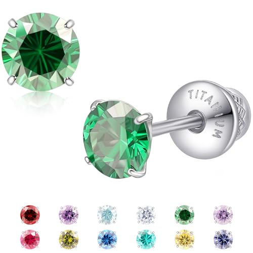 Limerencia Birthstone Screw Back Earrings G23 Implant Grade Titanium Stud Earrings Hypoallergenic Cubic Zirconia Posts Studs Jewelry Gifts for Girls Sensitive Ears - color: May