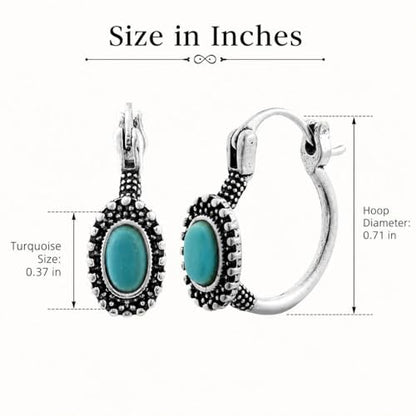 Turquoise Hoop Earrings for Women Vintage Silver Oval Turquoise Earrings Retro Boho Western Jewelry for Everyday Wear Birthday Gift