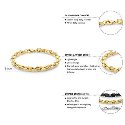 555Jewelry Stainless Steel Hollow Coffee Bean Unisex Link Chain Bangle Bracelet - color: Yellow Gold
