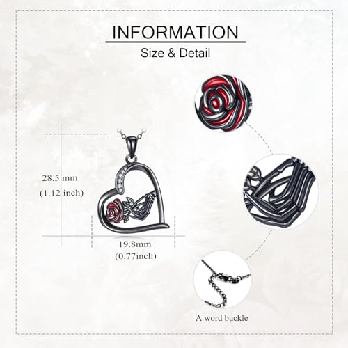Halloween Necklace 925 Sterling Silver Black Rose Rib Cage Heart Pendant Necklace Halloween Jewelry Gifts for Women Gothic Party - style: Skeleton