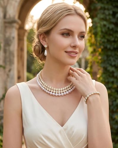 Pearl Necklace Set - Faux Pearl Earrings and Bracelets Jewelry Set for Women Wedding Bridal Shower Tea Party Accessories - style: 9pcs-gold