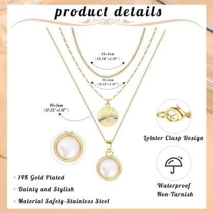 Kakonia Layered Gold Necklaces for Women, 3-Piece Gold Necklace Stack | 14K gold plated pendant necklace set, 3 dainty gold chains, trendy jewelry for women, ideal for weddings, proms or gifting - style: White Round Pendant