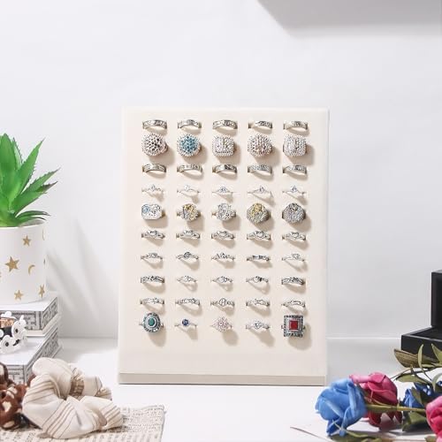 Ring Display Stand, Velvet Ring Holder, 50 Slots Rings Organizer Jewelry Display Tray, L-Shaped Jewelry Organizer Stand for Rings Earrings Selling (1, Beige) - color: Beige