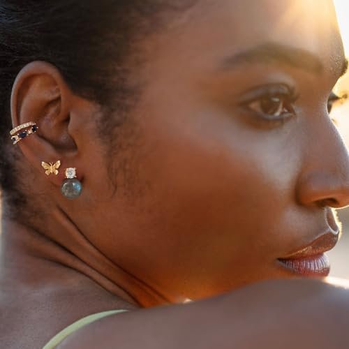 MYEARS Women Ear Cuff Earrings Gold Non Pierced Cartilage Clip on Open Wrap Split Double Hoop 14K Small Simple Hypoallergenic Everyday Jewelry - style: Blue / Pair