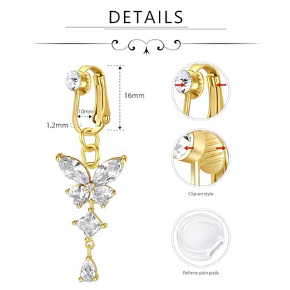 D.Bella Fake Belly Ring Fake Belly Piercing Clip on Belly Button Rings Surgical Steel Fake Belly Button Ring Fake Earrings Diamond Snake Dangle Non Piercing Fake Belly Piercing Jewelry - style: Gold-A