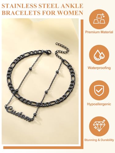 Custom4U Custom Name Anklet Bracelets for Women Waterproof Beaded/Figaro/Cuban/Rope/Wheat Chain Anklet Stackable Gold Plated Non Tarnish Custom Beach Gift Barefoot Summer Jewelry for Her - color: C03-Black Figaro Chain