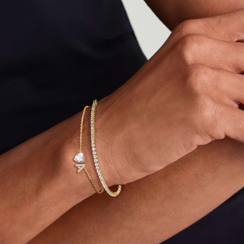 Gold Bracelets for Women Trendy Dainty 14K Gold Plated Layered Initial Tennis Bracelets for Women Non Tarnish A-Z Heart Letter Charm Gifts for Mom Best Friend - style: Gold-A