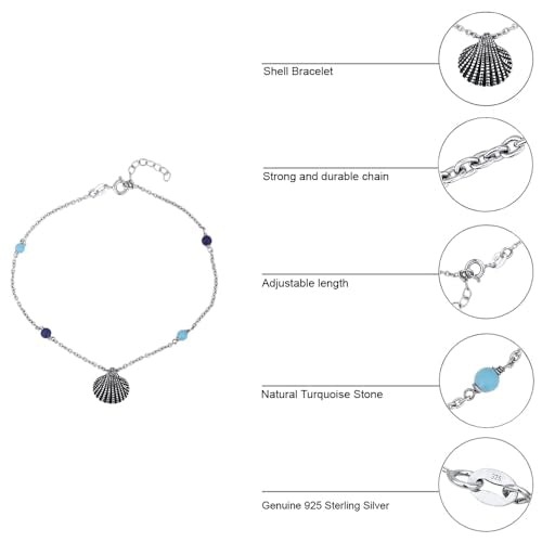 Vanbelle Sterling Silver Jewelry - Rhodium Plated 925 Stamp - Sea Shell Charm and Beads Anklet - Elegant Stylish Beautifully Designed for Women - 9" Long + 1" Extender