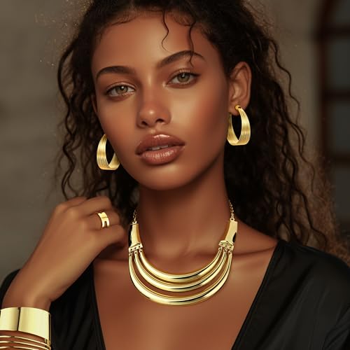 JOERICA Bib Choker Necklace Silver Gold Jewelry Set Wide Cuff Bangle Bracelet Open Hoop Earrings Adjustable Ring Chunky Silver Gold Statement Costume Jewelry Set for Women - color: Gold Tone