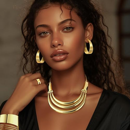 JOERICA Bib Choker Necklace Silver Gold Jewelry Set Wide Cuff Bangle Bracelet Open Hoop Earrings Adjustable Ring Chunky Silver Gold Statement Costume Jewelry Set for Women - color: Gold Tone