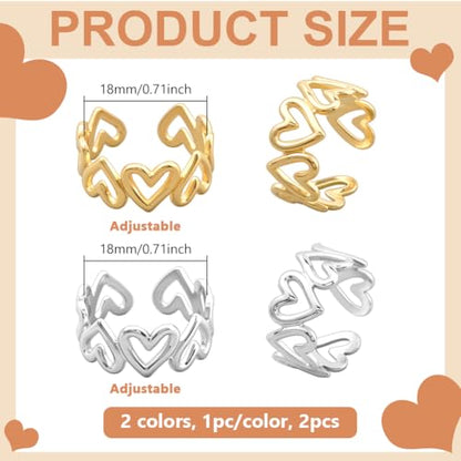 Geometric Heart Band Rings Gold Silver Stainless Steel Geometric Finger Rings with Hollow Circle Square Boho Thumb Open Statement Ring for DIY Women Party Decoration - style: Love