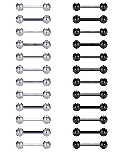 VCMART 12mm-18mm 14G Tongue Rings Nipple Straight Barbells Surgical Steel Body Piercing Jewelry - style: Style C -24pcs, silver & black