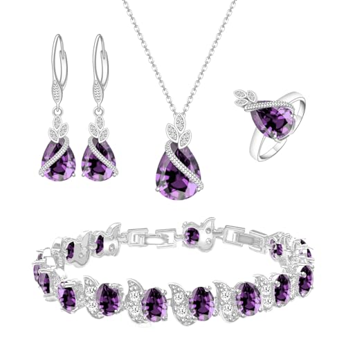 LMXXVJ Jewelry Set for Women,Teardrop Cubic Zirconia Necklace Earrings Adjustable Ring Bracelet Jewelry Set Formal Jewelry Gift - color: SYSD-White Gold-Purple