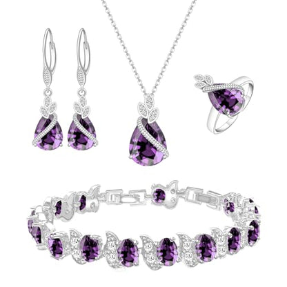 LMXXVJ Jewelry Set for Women,Teardrop Cubic Zirconia Necklace Earrings Adjustable Ring Bracelet Jewelry Set Formal Jewelry Gift - color: SYSD-White Gold-Purple