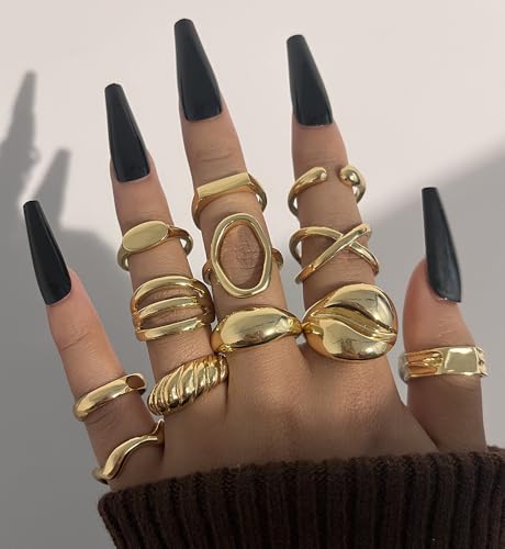 iF YOU 25 Pcs Gold Stackable Ring Set for Women, Chunky Knuckle Finger Midi Rings, Silver Simple Stacking Cute Rings Pack Trendy Stuff Jewelry Gift - style: 12 Gold big chunky