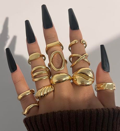 iF YOU 25 Pcs Gold Stackable Ring Set for Women, Chunky Knuckle Finger Midi Rings, Silver Simple Stacking Cute Rings Pack Trendy Stuff Jewelry Gift - style: 12 Gold big chunky
