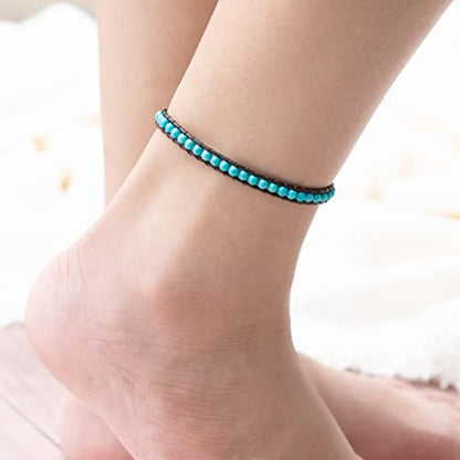 Infinityee888 Anklet Turquoise Bead 10 Inches Anklet Bracelet Woven with Leather Cord Handmade Hippie Bohemian Unisex Style Gift Idea for Men and Women
