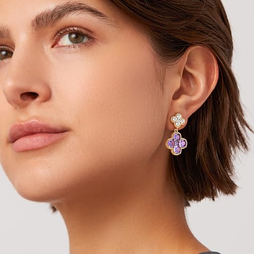 MTMY Dangle Earrings for Women 14K Gold Plated Four Leaf Clover Dangling Drop Birthstone Stud Earrings Trendy Flower Birthstone Jewelry Birthday Gifts - style: Feb.-Amethyst