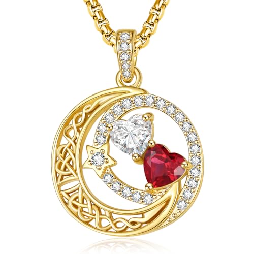 14K Gold Moon and Star Double Birthstone Necklace Gifts for Women | 2 Heart Birthstone Necklace,Mothers Day Wedding Anniversary Birthday Gifts for Wife Mom Daughter Grandma Sister - color: 04-07-Apr-Jul Birthstone