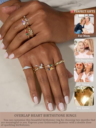 Mothers Day Gifts Gold Heart Birthstone Rings for Women Non Tarnish Stackable Pinky Ring Dainty 14K Gold Plated CZ Gemstone Ring Wedding Promise Ring Birthday Jewelry Gift for Mom - color: 03-11.march(aquamarine)-november(citrine)
