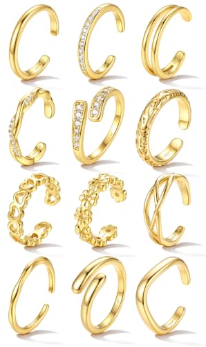 YADOCA Gold Toe Rings for Women Non Tarnish - Adjustable Silver Toe Ring | 12Pcs 14K Gold Filled Toe Rings Set - Waterproof Summer Beach Foot Jewelry - Hypoallergenic Open CZ Flower Hug Band - color: Gold