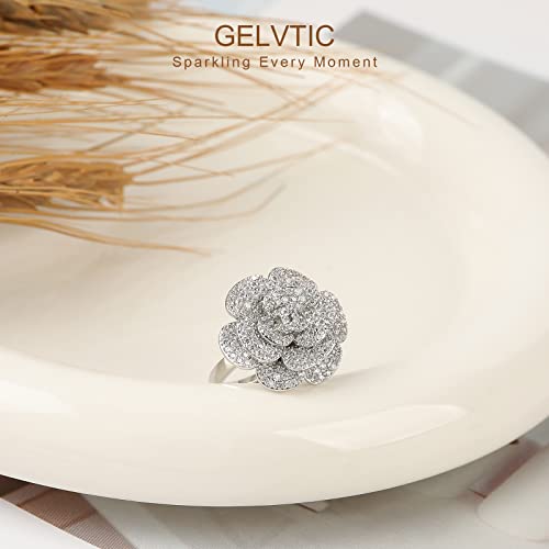 Cocktail Rings Silver Rose Flower Ring for Women Adjustable 18K Gold Plated Snowflake Open Wrap Wedding Statement Valentine Gift for Lover Wife Christmas - style: JZ06 Flower Ring-Silver