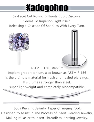 F136 Titanium 20/18/16g Internally Threaded Medusa Monroe Lip Ashley Labret Nose Rings Flat Back Tragus Helix Cartilage Conch Screw Stud Earrings Surgical Steel Piercing Jewelry for Women - color: Purple CZ, size: 16g*1/4in