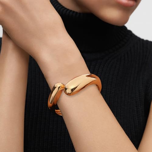 Gold Polished Chunky Twisted Hinged Waterdrop Bangle Bracelet Trendy Chunky Adjustable Gold Bangle for Women Spiraled Oval Bracelet