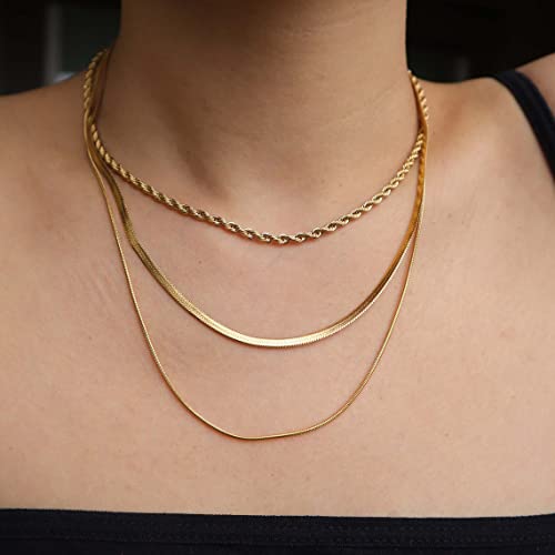 Herringbone Choker Necklace Set Double Layer Snake Chain Herringbone Chain Necklace Layering Necklace Set Cuban Chain Necklace for Women - style: 3Layered Snake+Rope-GD