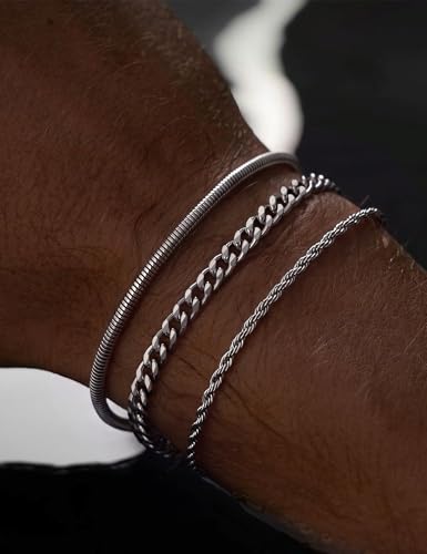 Stainless Steel Bracelet Set for Men, Adjustable Link Chains | Layered stainless steel link chain bracelets with adjustable sizing, designed for daily wear, stacking, and gifts - color: Style3-8 inch