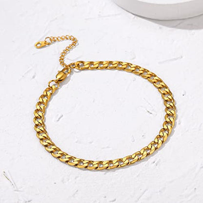 Adjustbale Link Chain Anklet for Women Summer Jewelry, 316L Stainless Steel Figaro/Wheat/Twist Rope/Cuban Foot Bracelet-Waterproof, Resizable 9"-12" (Gift Box Included) - color: 2, Cuban - Gold