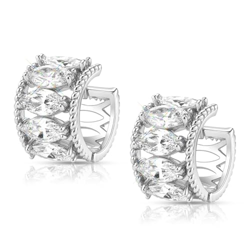 CZ Huggie Hoop Earrings for Women | Sparkly Cubic Zirconia, Small Hoop, Lightweight, Everyday Fashion Jewelry - color: Marquise CZ - Silver