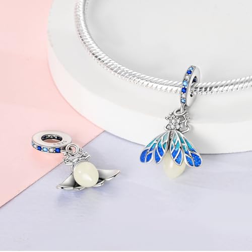 Hapour 925 Sterling Silver Charms for Bracelet Necklace Dangle Pendant Bead | Bear Charm, Elephant Zebra Cat Dream catcher Family Birthday European Jewelry Charm, For Women Mom - color: Blue Glow-in-the-dark Fireflies