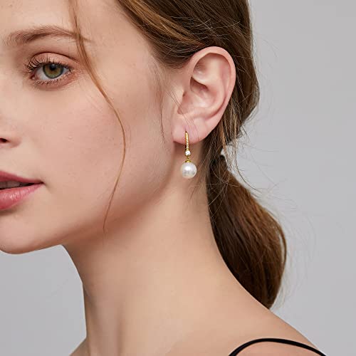 Pearl Dangle Drop Earrings for Women 925 Sterling Silver Pearl Leverback Earrings Cubic Zirconia Pearl Dangling Earrings 10MM - color: 2: Yellow-10mm