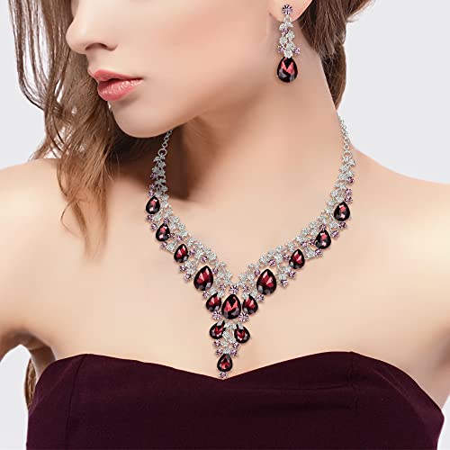 BriLove Women's Wedding Bridal Austrian Crystal Teardrop Flower Cluster Statement Necklace Dangle Earrings Jewelry Set for Party Prom - color: 3Pcs-Deep Amethyst Color Silver-Tone