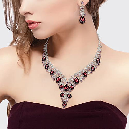 BriLove Women's Wedding Bridal Austrian Crystal Teardrop Flower Cluster Statement Necklace Dangle Earrings Jewelry Set for Party Prom - color: 3Pcs-Deep Amethyst Color Silver-Tone