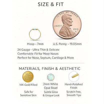 925 Sterling Silver & 14K Gold Filled Nose Ring Hoop Handmade Piercing Jewelry For Women - 24 Gauge 2mm,7mm Tiny Nose Ring with Opal - Gift Ready - color: White Opal Gold