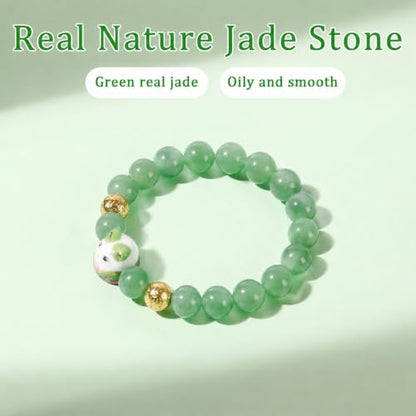 Real Gemstone Lucky Cat Bracelet Feng Shui Good Luck Wealth Charm | Blessed Genuine Gemstone with Brass Cat Pendant, 10mm Prayer Beads, Energy Protection for Wealth & Health, Spiritual Gifting - color: Green