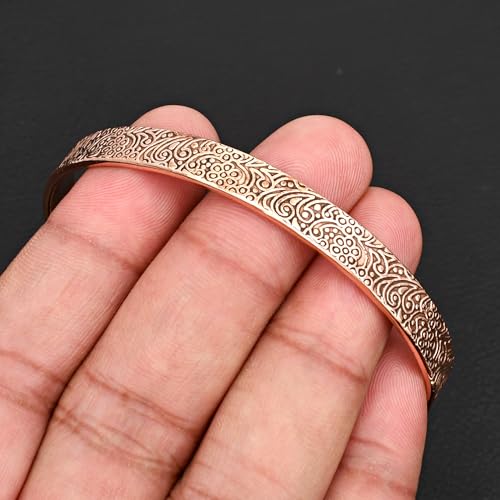 Vintage Copper Cuff Bracelet – Adjustable Open Bangle with Engraved Paisley Design Elegant Floral Carving, Boho Statement Jewelry