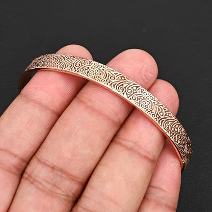 Vintage Copper Cuff Bracelet – Adjustable Open Bangle with Engraved Paisley Design Elegant Floral Carving, Boho Statement Jewelry