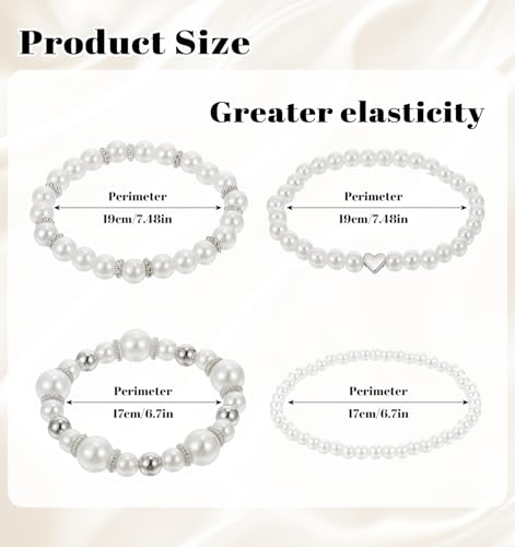 4Pcs Pearl Bracelet Stack, Fake White Pearl Bracelets for Women Dainty Beaded Jewelry Imitation Pearls, Stackable & Multilayered, Perfect for Bridesmaids, Silver & White